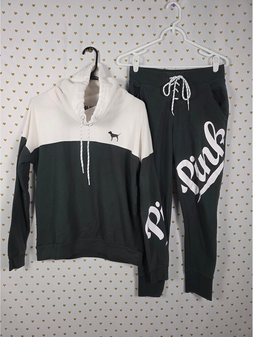 Victorias Secret Pink 2pc Dark Green Logo SET Slouchy Sweater Sweatpants SMALL